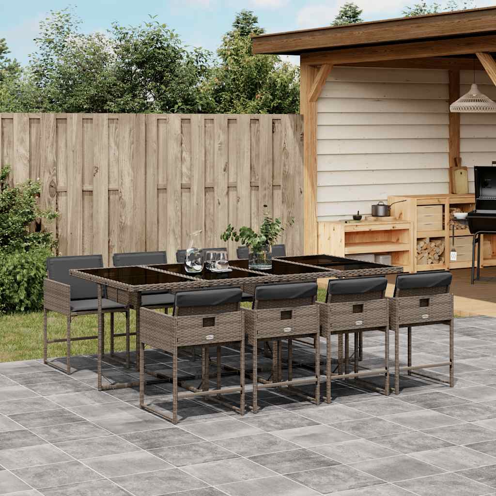 9 Pcs conjunto de jantar p/ jardim c/ almofadões vime PE cinza