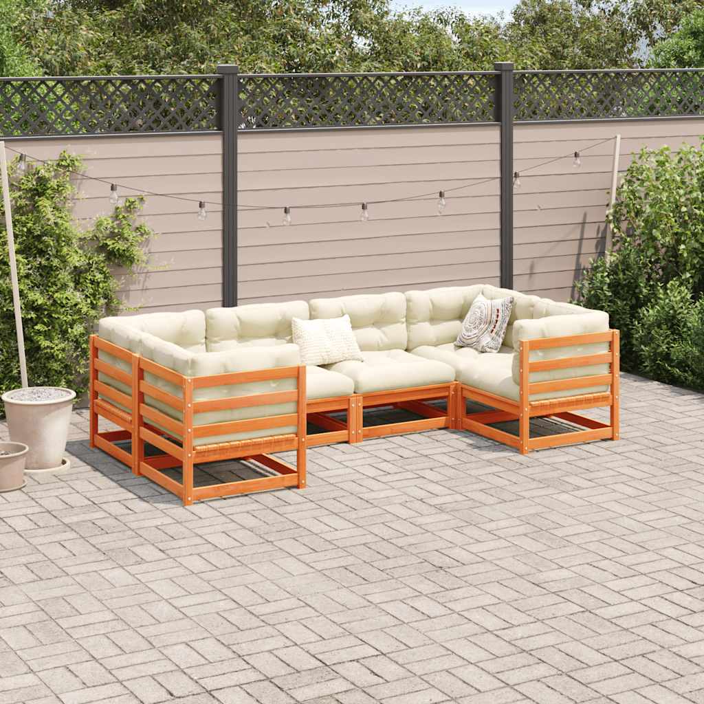 6 Pcs conj. sofás jardim almofadões pinho maciço castanho cera