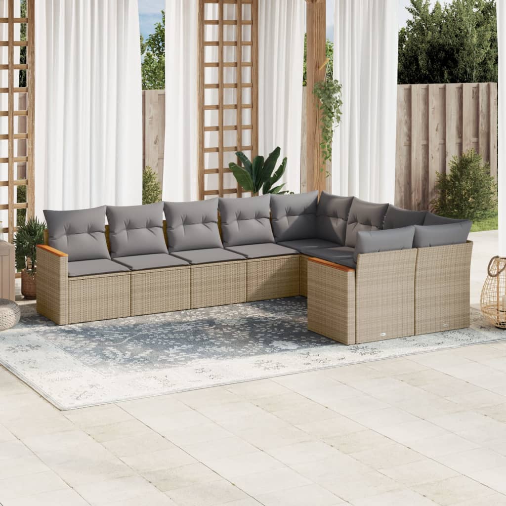 9 Pcs conjunto de sofás p/ jardim com almofadões vime PE bege