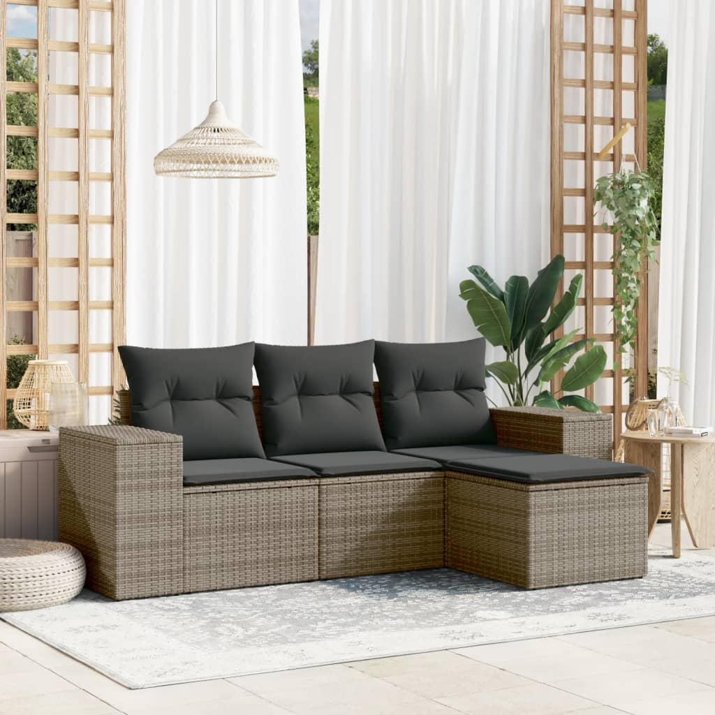 4 Pcs conjunto sofás de jardim c/ almofadões vime PE cinzento