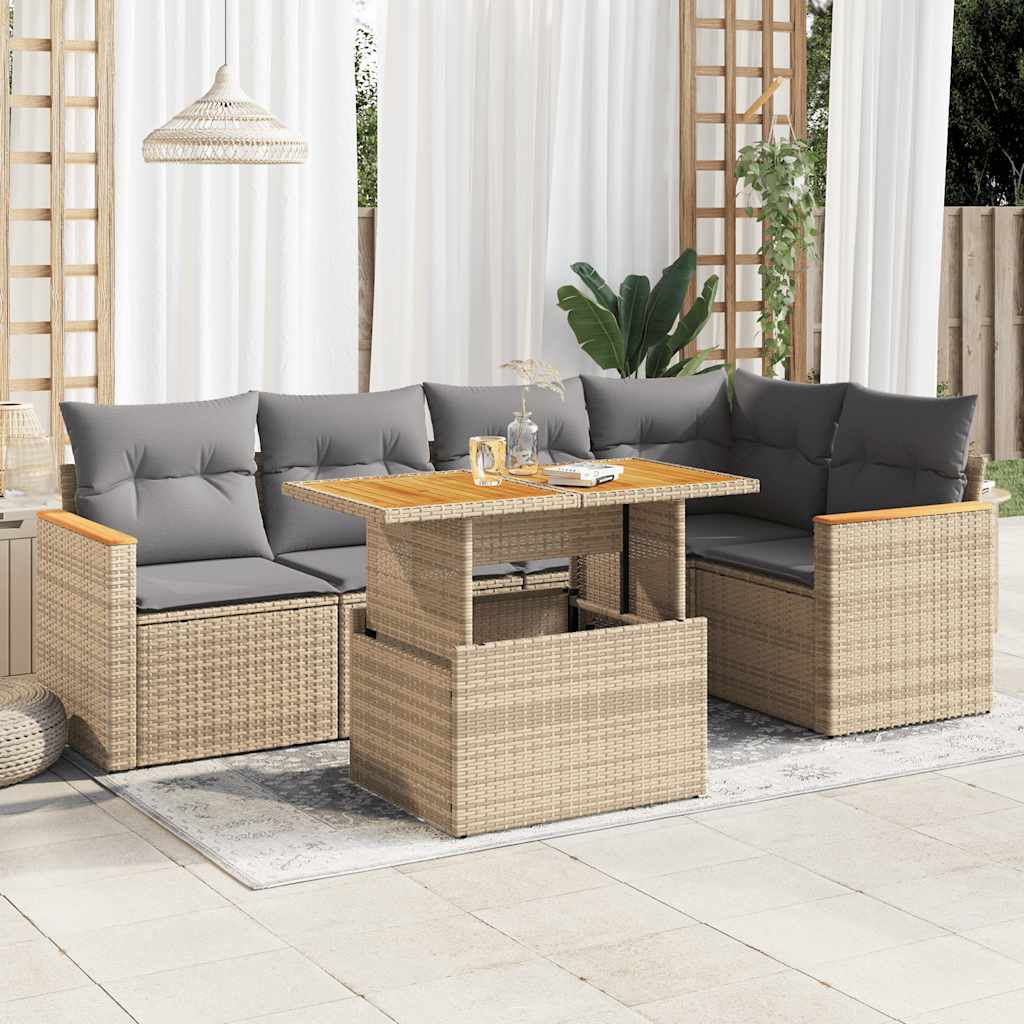 6 Pcs conjunto sofás jardim com almofadões vime PE/acácia bege