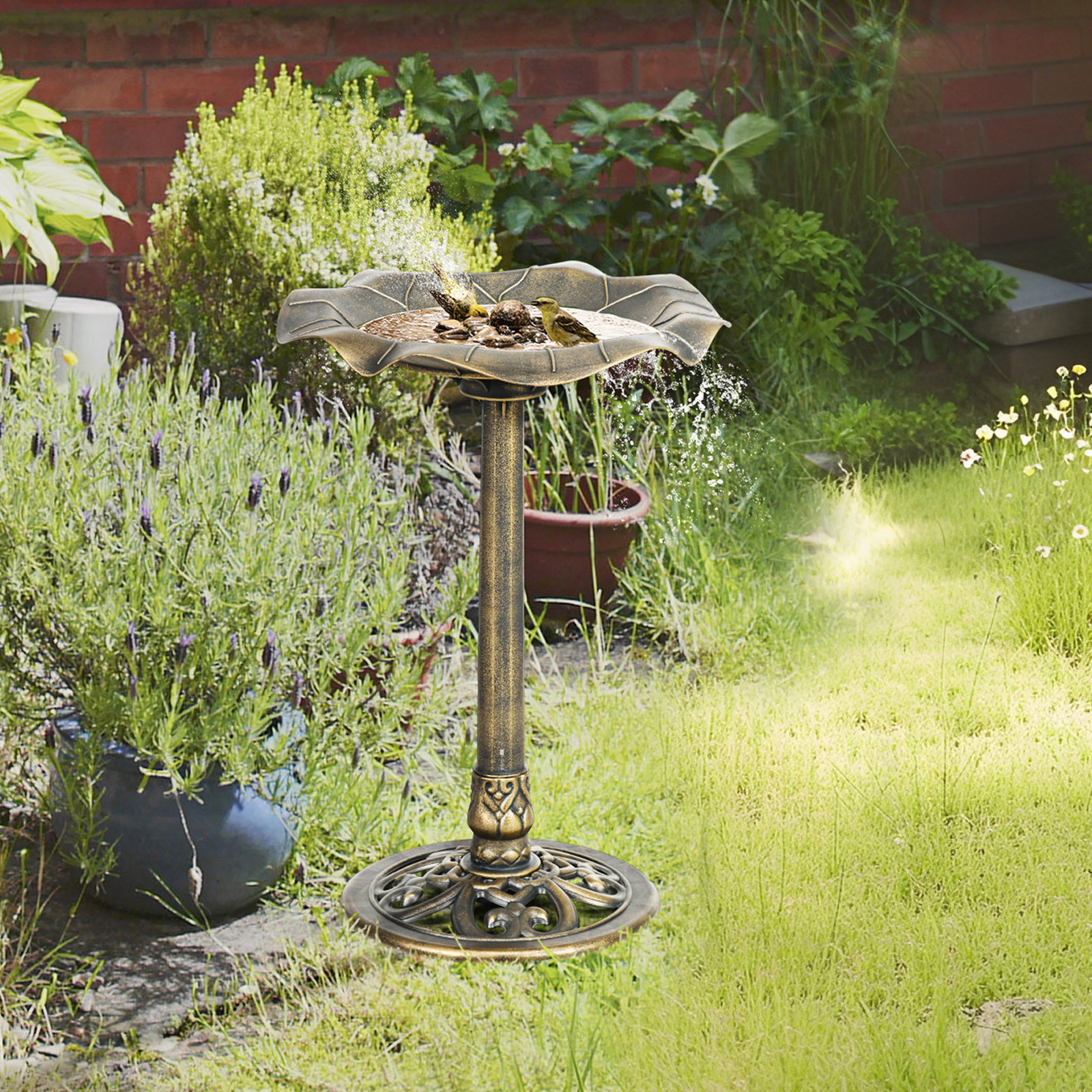 Banho para pássaros de jardim exterior 71 cm com design folha de lótus e acabamento envelhecido leve e resistente bronze