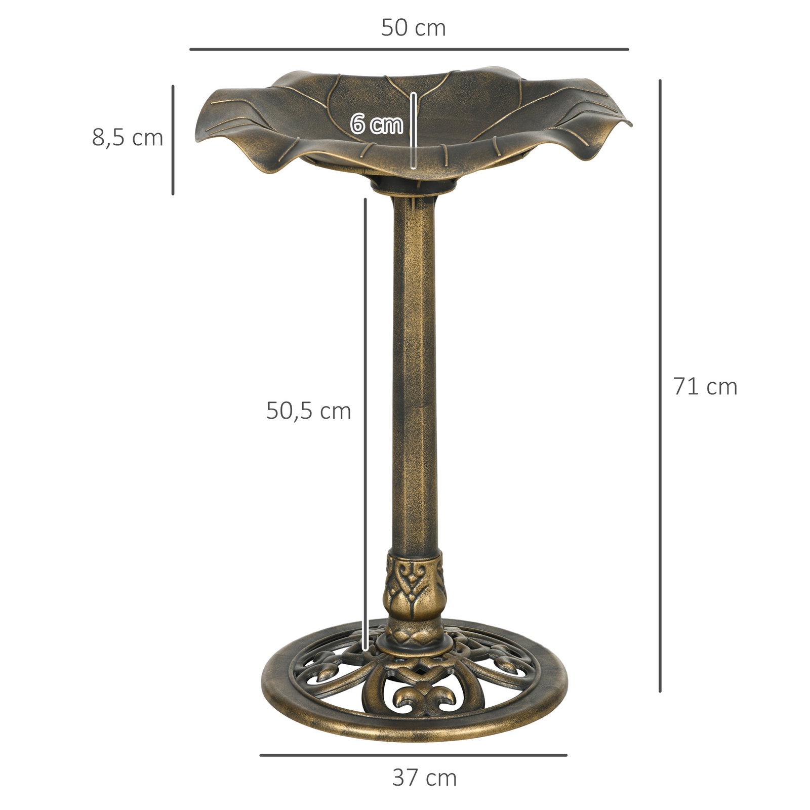 Banho para pássaros de jardim exterior 71 cm com design folha de lótus e acabamento envelhecido leve e resistente bronze