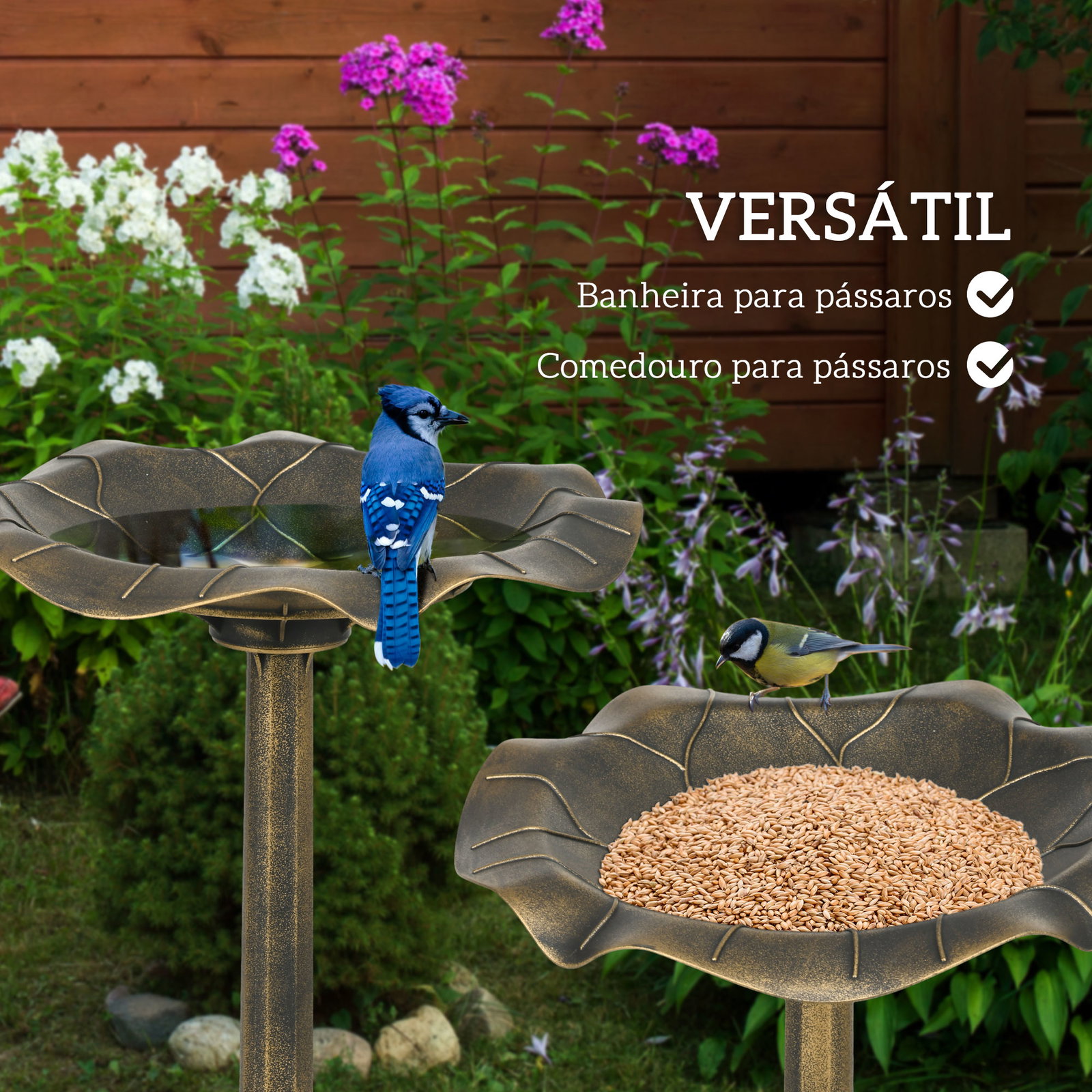 Banho para pássaros de jardim exterior 71 cm com design folha de lótus e acabamento envelhecido leve e resistente bronze