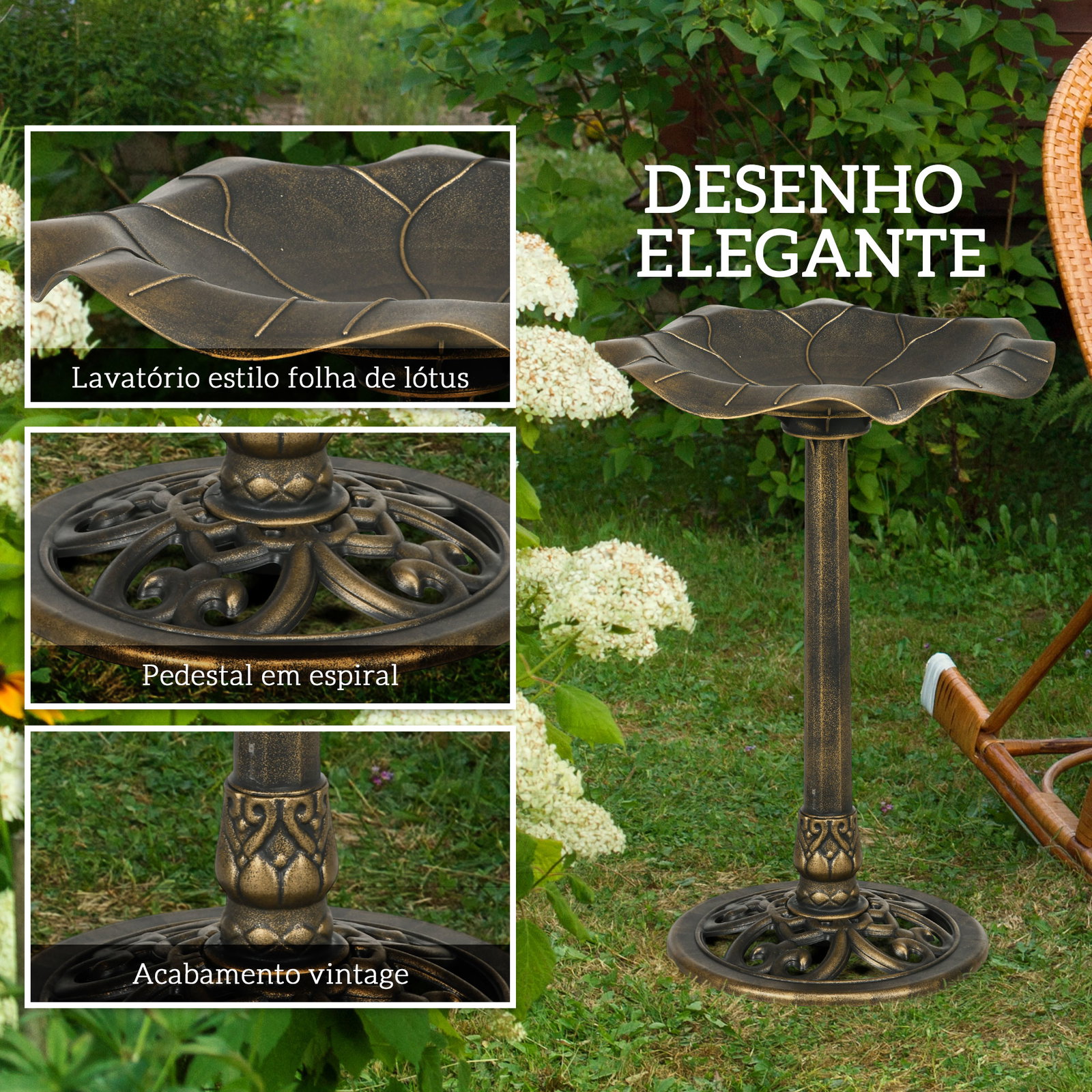 Banho para pássaros de jardim exterior 71 cm com design folha de lótus e acabamento envelhecido leve e resistente bronze