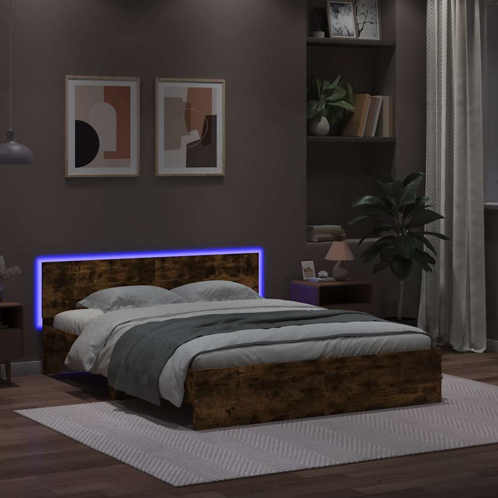 Estrutura cama c/ cabeceira/luzes LED 150x200cm carvalho fumado