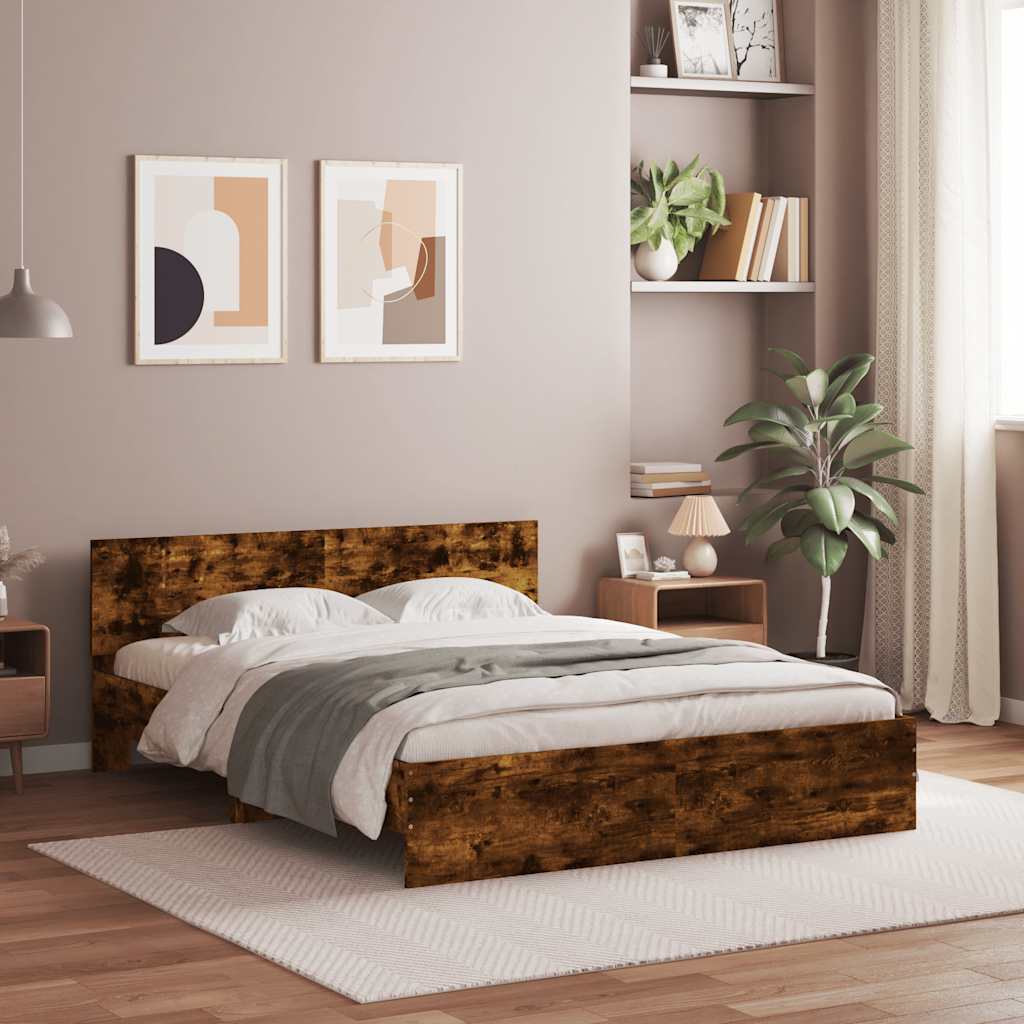 Estrutura cama c/ cabeceira/luzes LED 150x200cm carvalho fumado