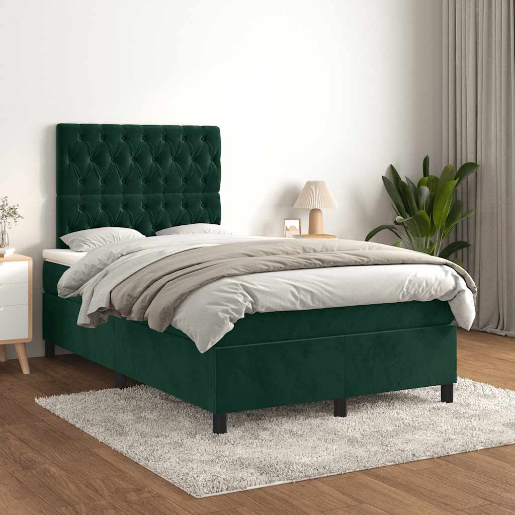 Cama boxspring com colchão 120x190 cm veludo verde-escuro