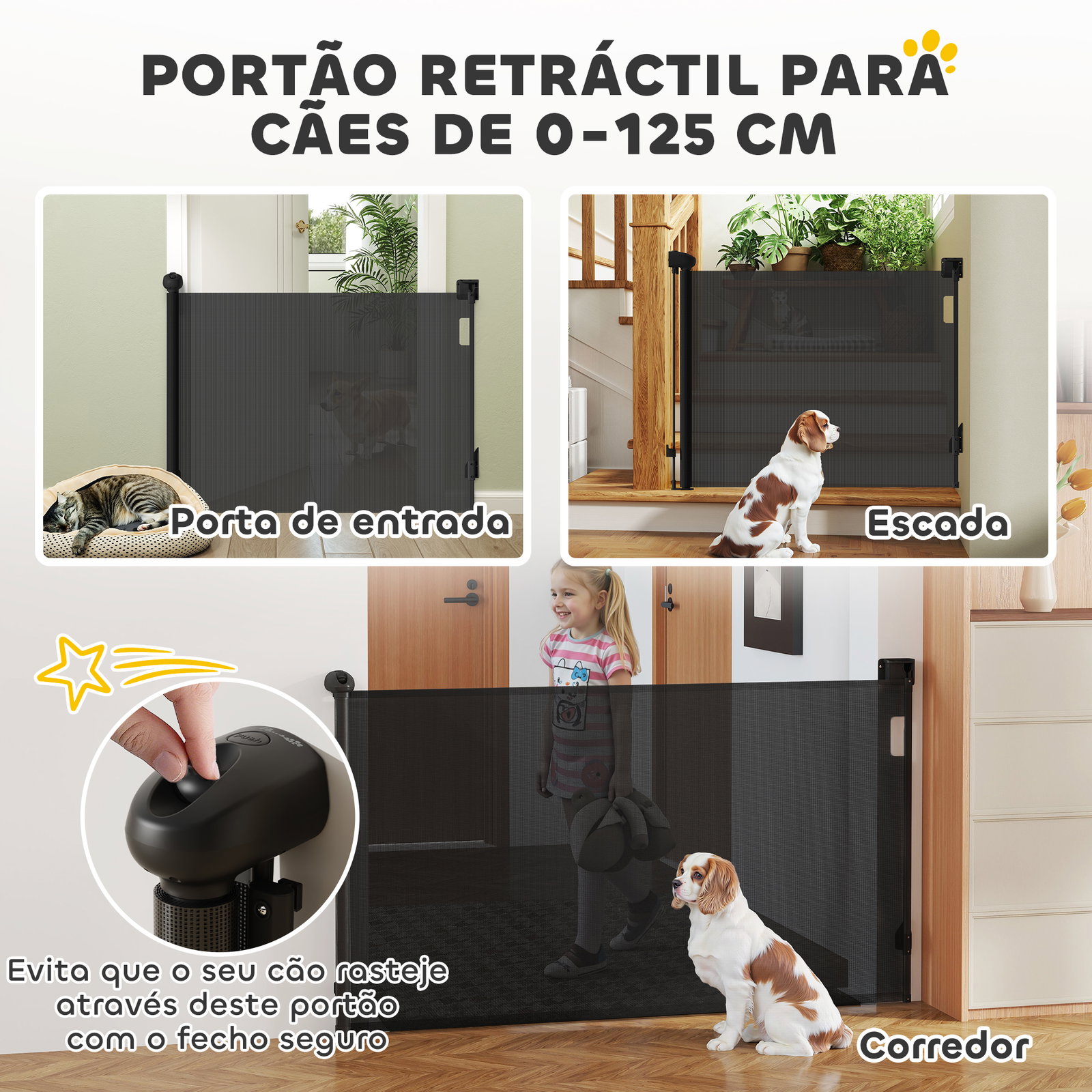 Barreira para cães retrátil 0-144 cm para cães pequenos barreira de segurança para animais de estimação com fecho preto