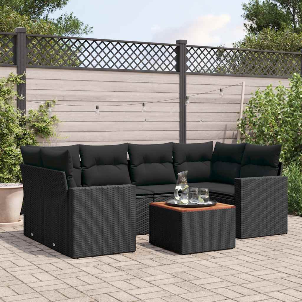 7 Pcs conjunto de sofás p/ jardim c/ almofadões vime PE preto