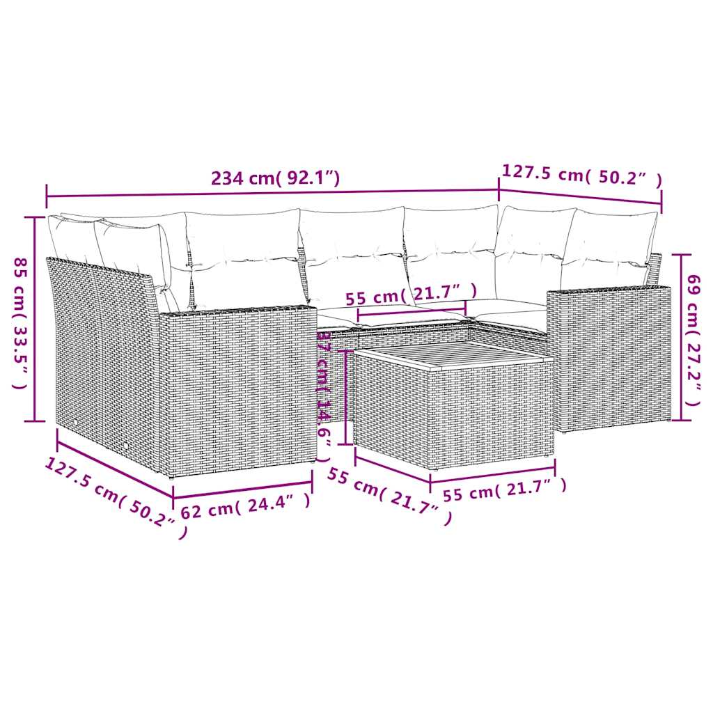 7 Pcs conjunto de sofás p/ jardim c/ almofadões vime PE preto