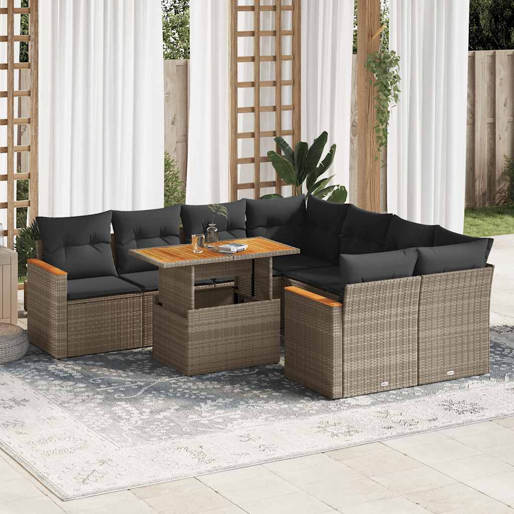 9 Pcs conjunto sofás jardim almofadões vime PE/acácia cinzento