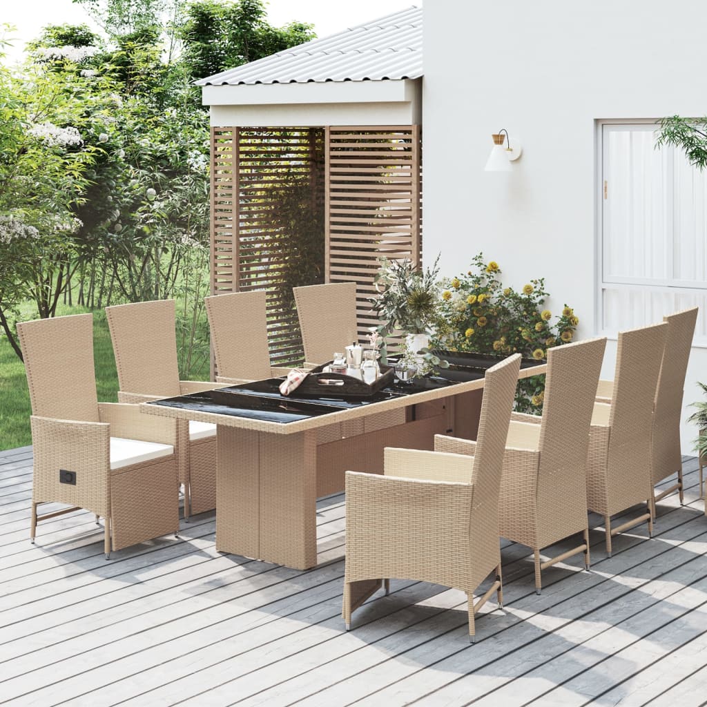 9 Pcs conjunto de jantar p/ jardim com almofadões vime PE bege