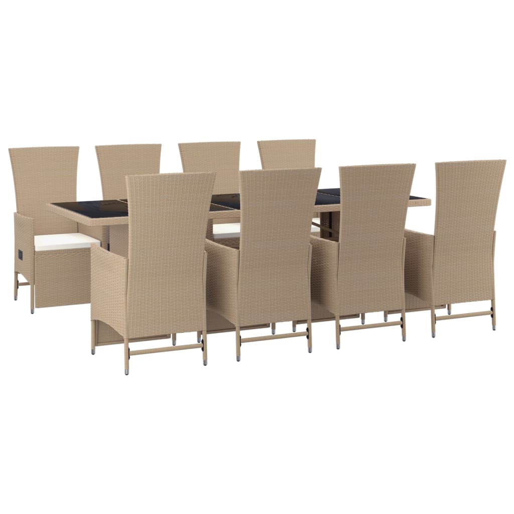 9 Pcs conjunto de jantar p/ jardim com almofadões vime PE bege