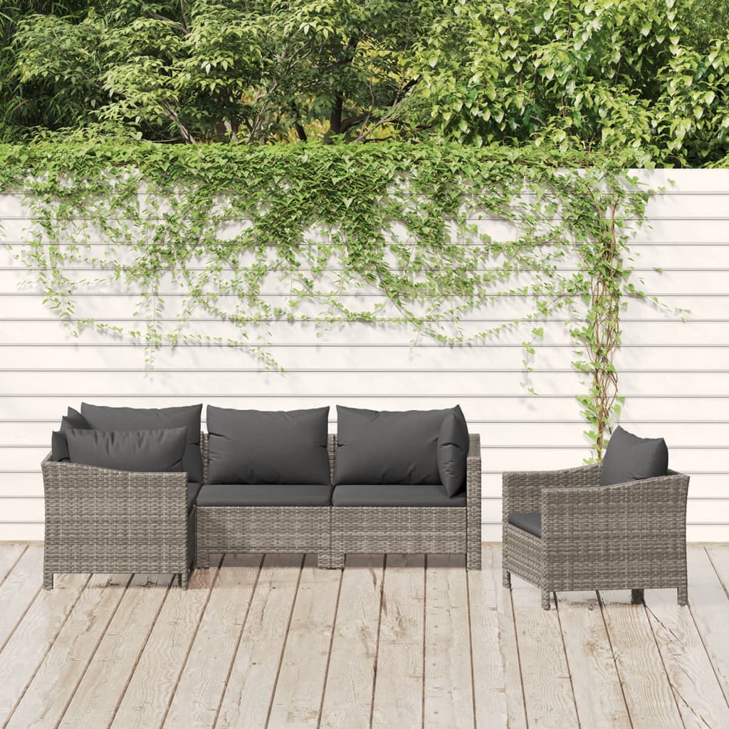 5 Pcs conjunto lounge de jardim c/ almofadões vime PE cinzento