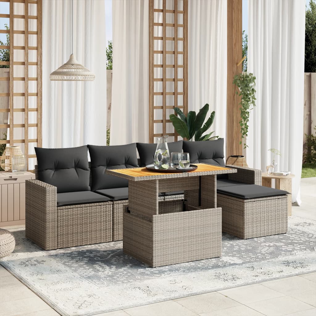 6 Pcs conjunto sofás de jardim com almofadões vime cinzento