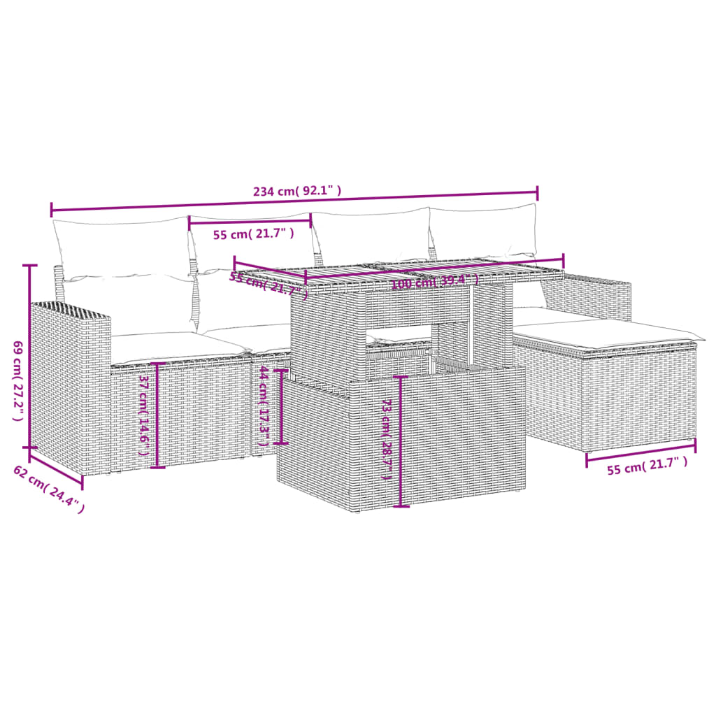 6 Pcs conjunto sofás de jardim com almofadões vime cinzento