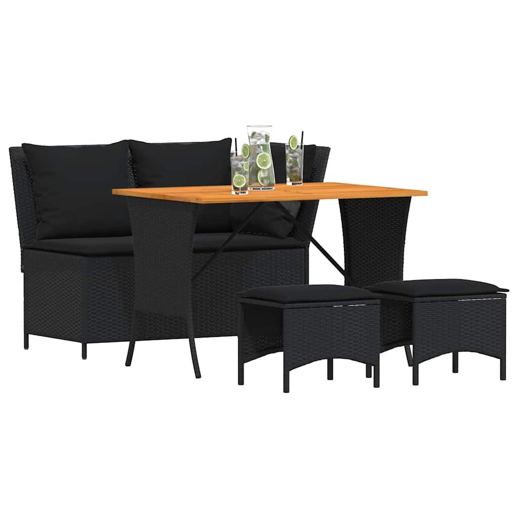 4 Pcs conjunto de jardim p/ jardim c/ almofadões vime PE preto