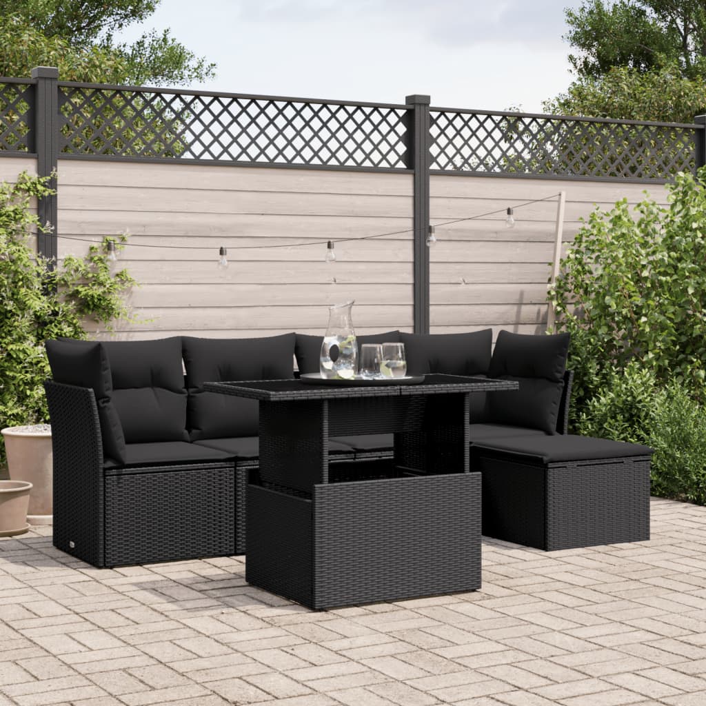 6 Pcs conjunto sofás de jardim c/ almofadões vime PE preto