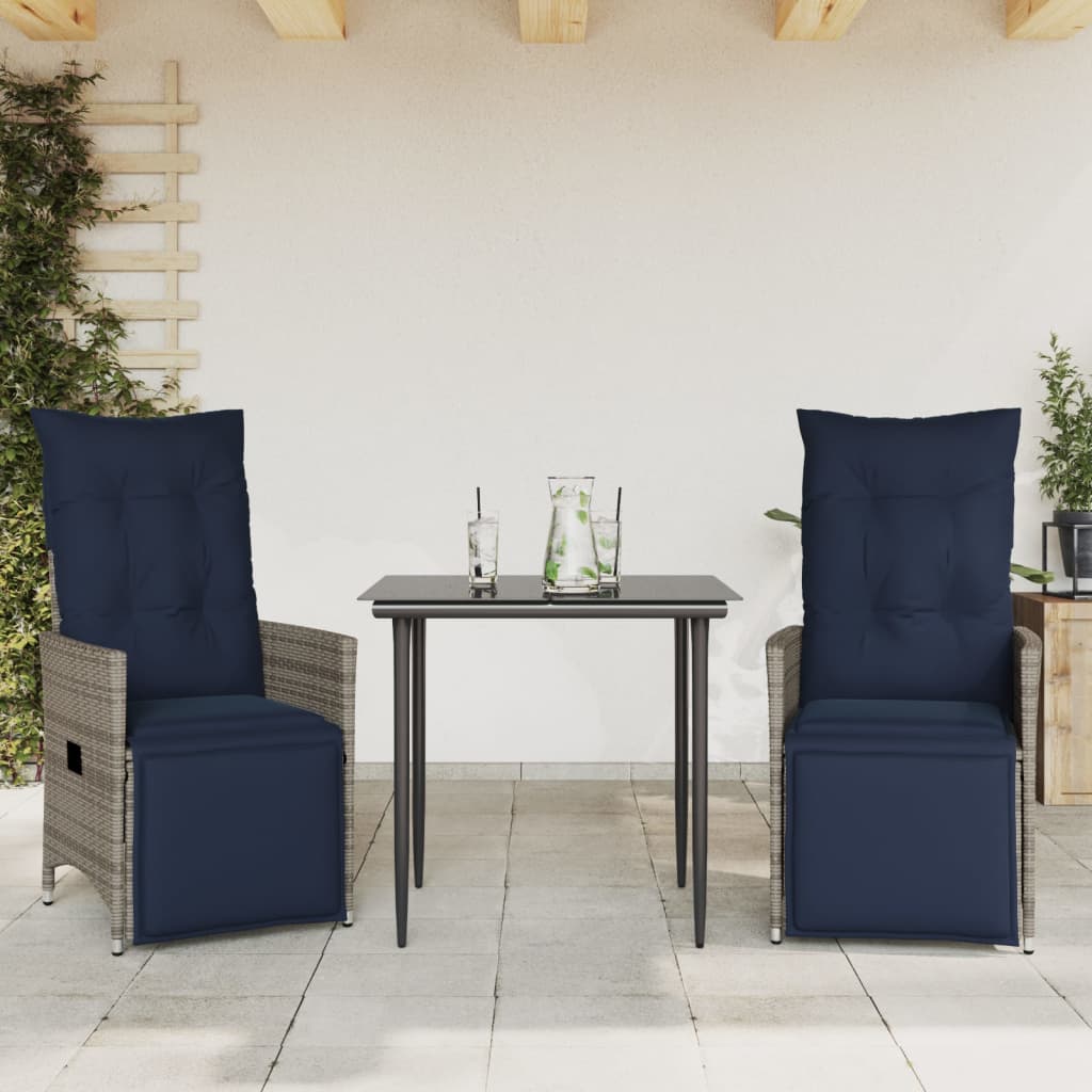 Cadeiras de jardim reclináveis 2 peças com almofadas em vime sintético cinza