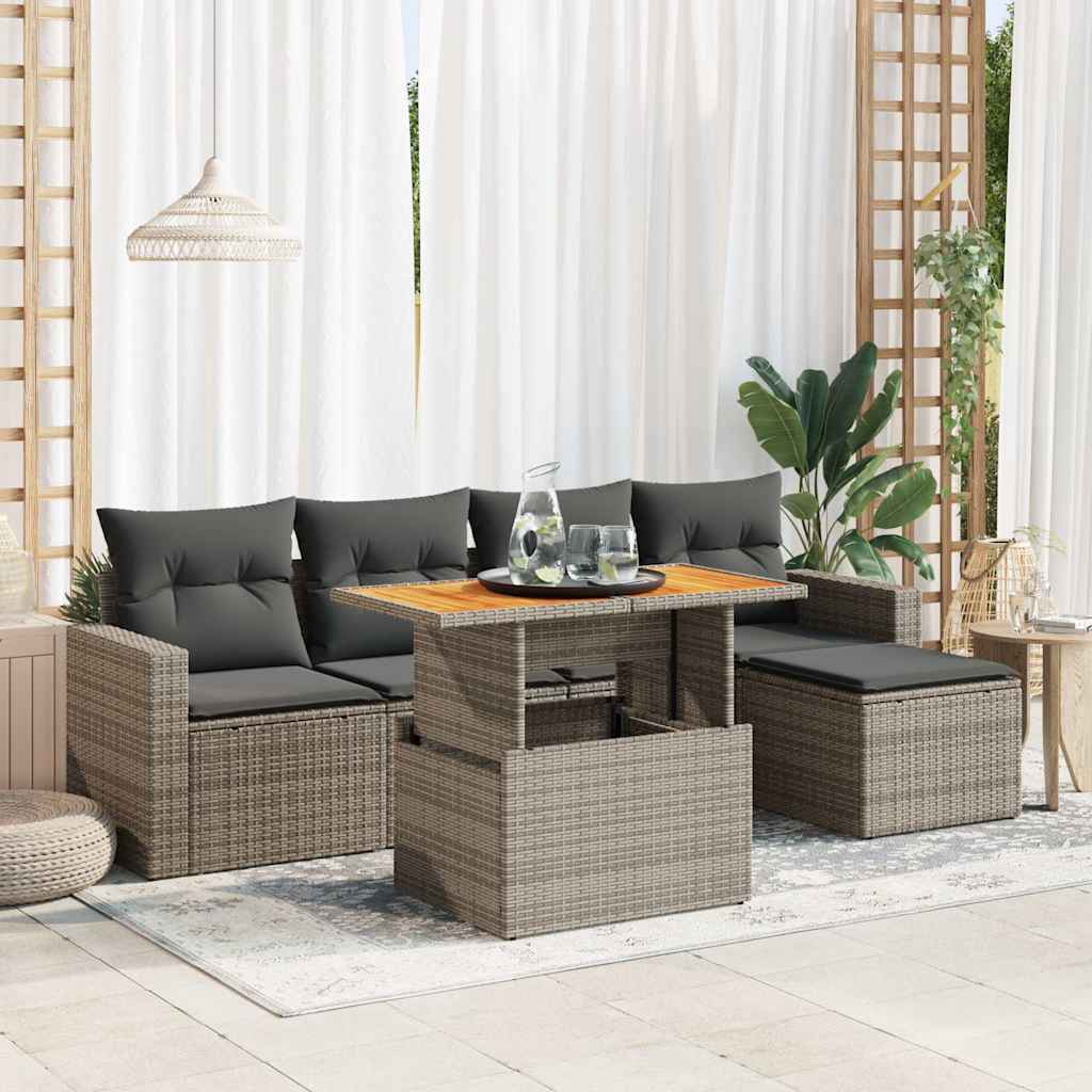 6 Pcs conjunto sofás de jardim com almofadões vime cinzento