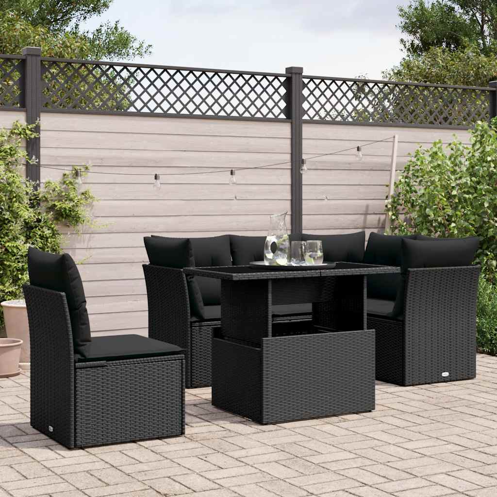 6 Pcs conjunto sofás de jardim c/ almofadões vime PE preto