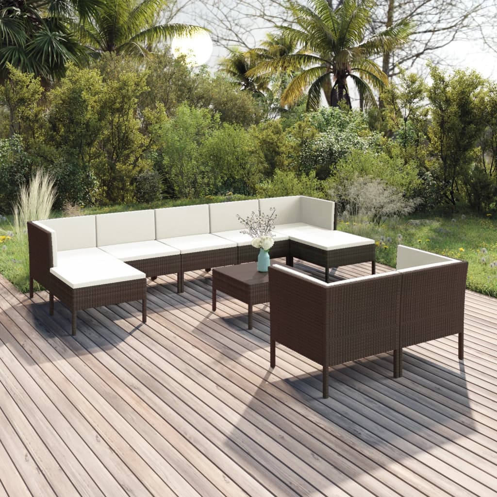 10 Pcs conjunto lounge jardim c/ almofadões vime PE castanho