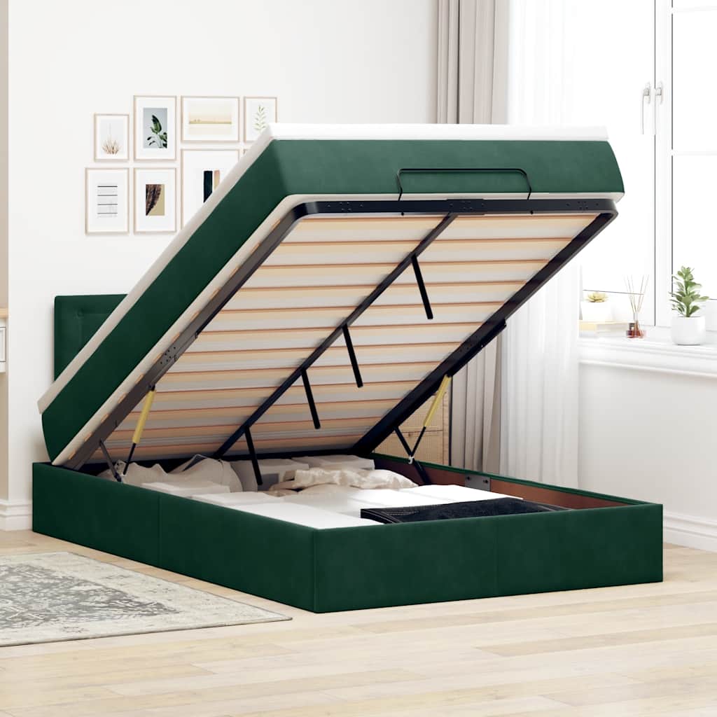 Estrutura de cama otomana com colchão verde escuro veludo
