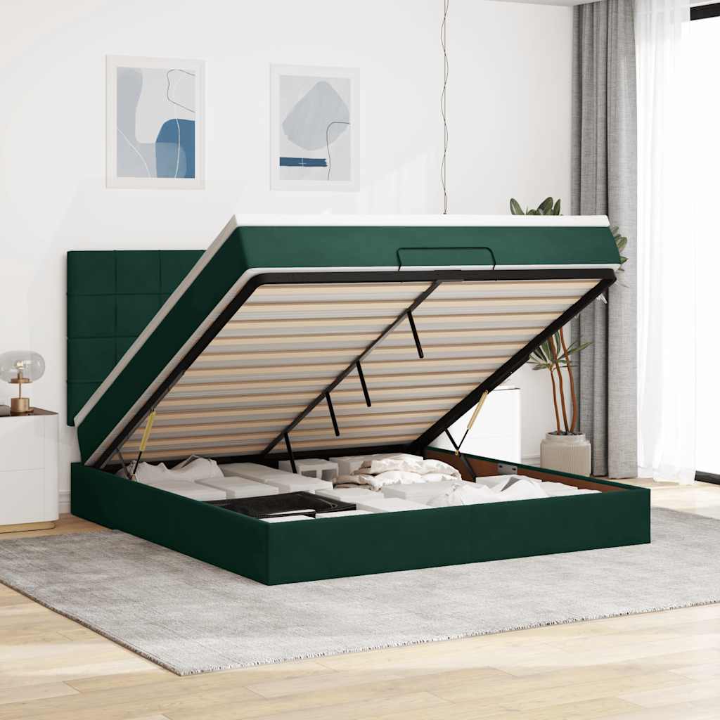 Estrutura de cama otomana com colchão verde escuro veludo