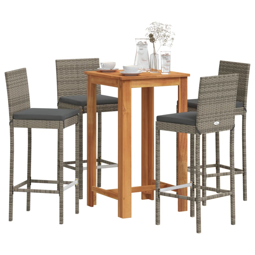 5 Pcs conjunto de bar p/ jardim acácia maciça/vime PE cinzento