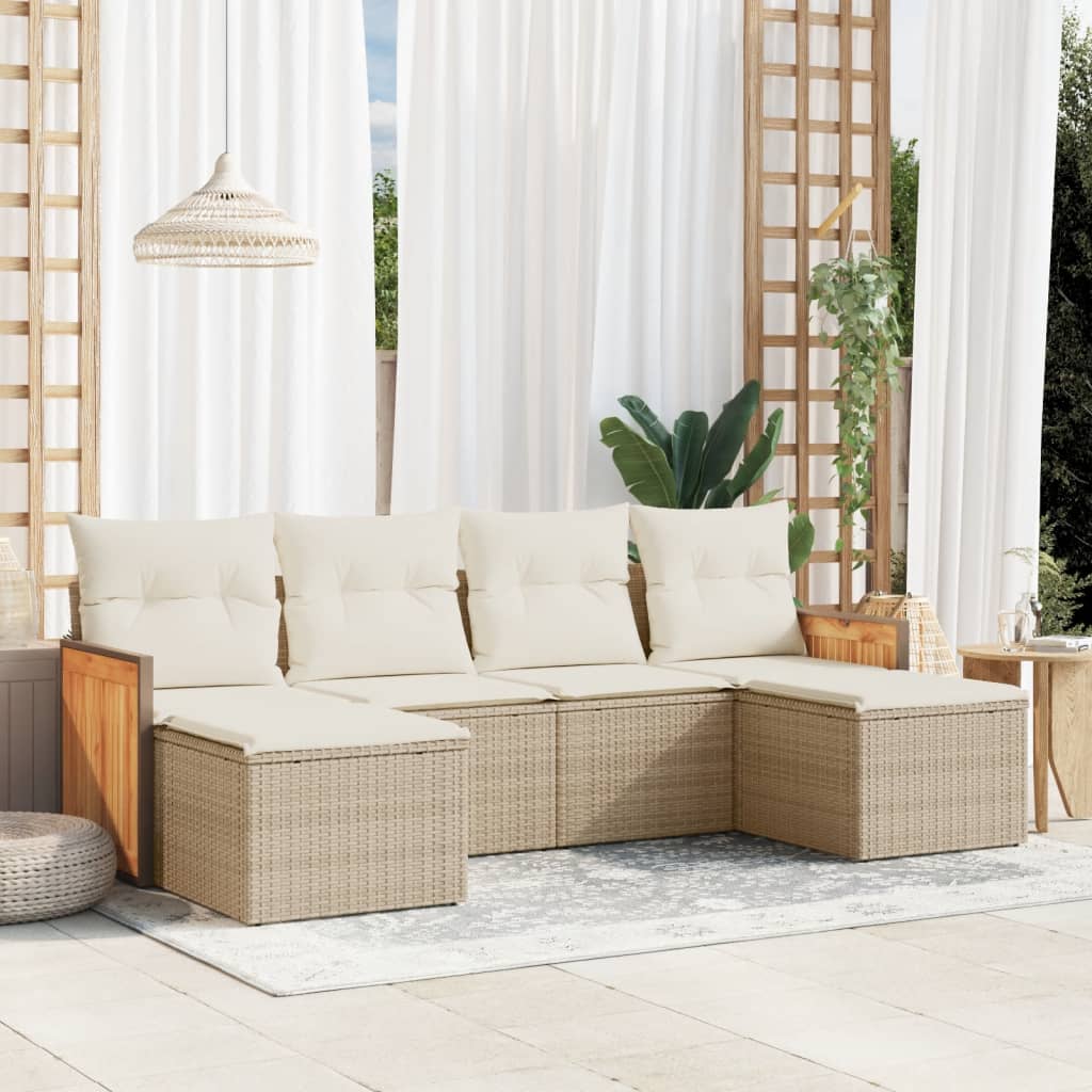 6 Pcs conjunto de sofás p/ jardim com almofadões vime PE bege