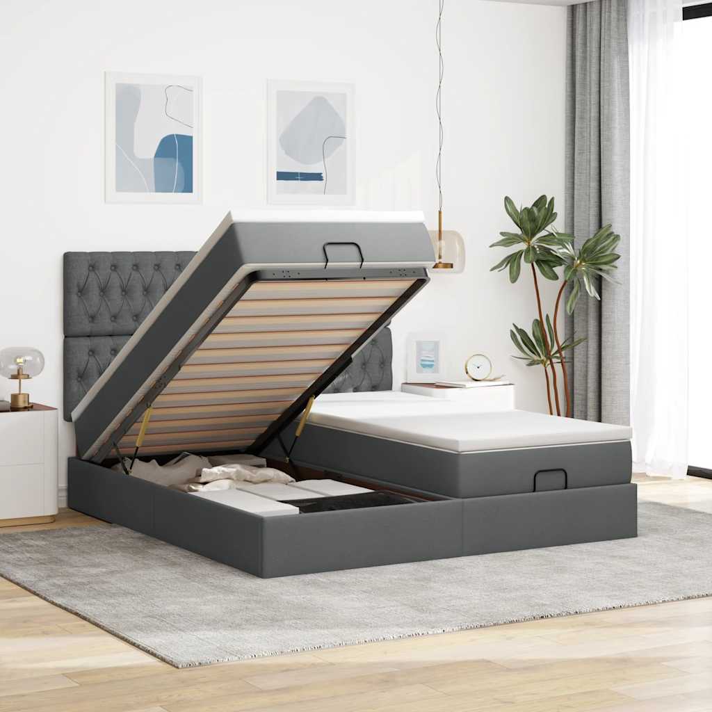Estrutura de cama otomana com colchões tecido cinzento escuro