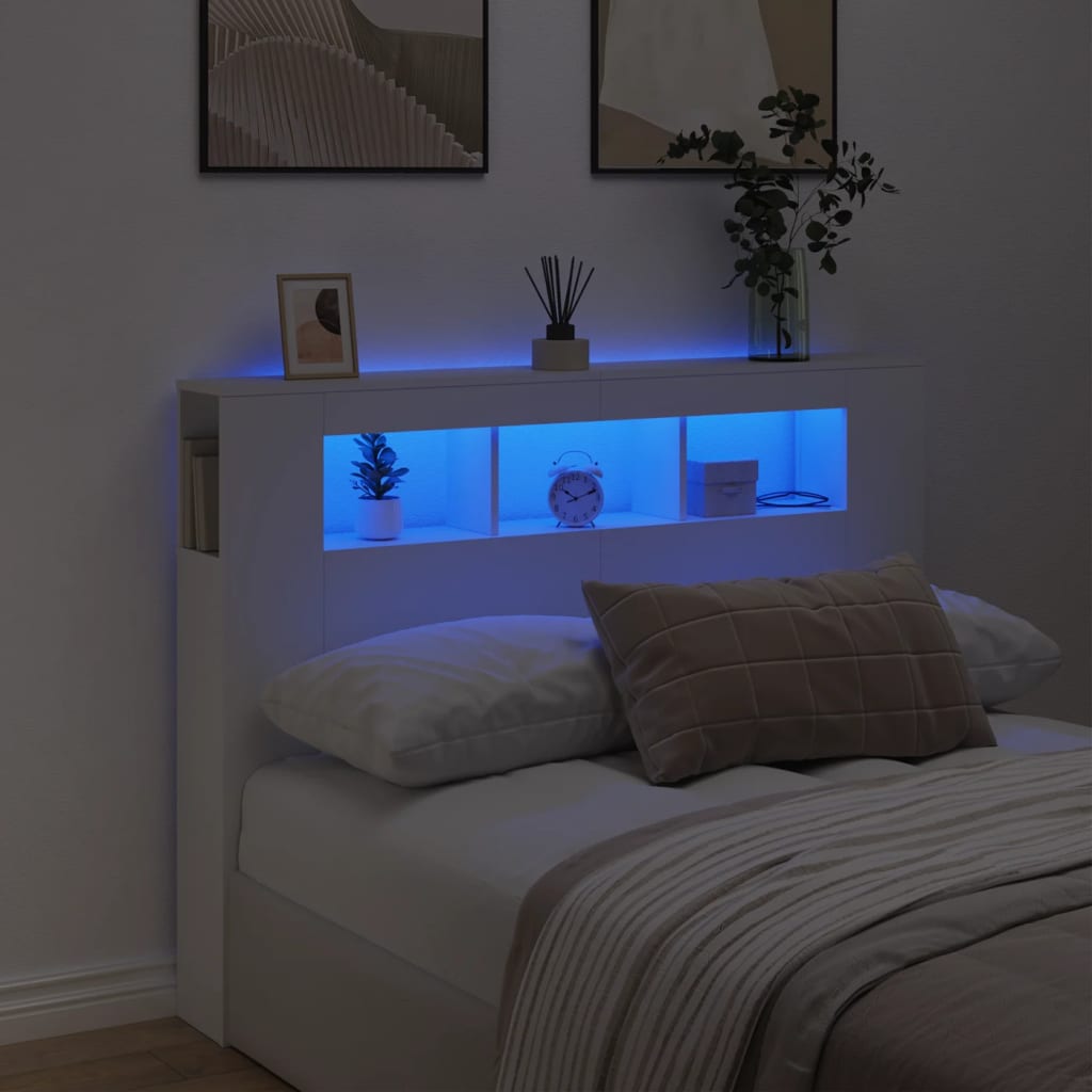 Cabeceira cama c/ leds 140x18,5x103,5 cm deriv. madeira branco