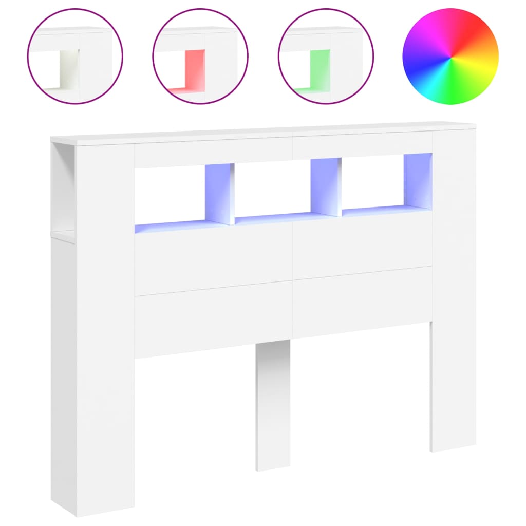 Cabeceira cama c/ leds 140x18,5x103,5 cm deriv. madeira branco