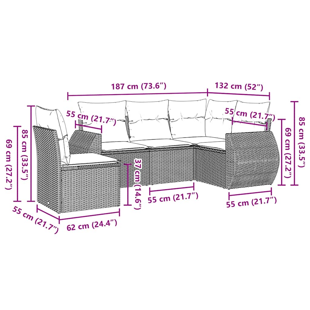 5 Pcs conjunto sofás de jardim com almofadões vime PE preto