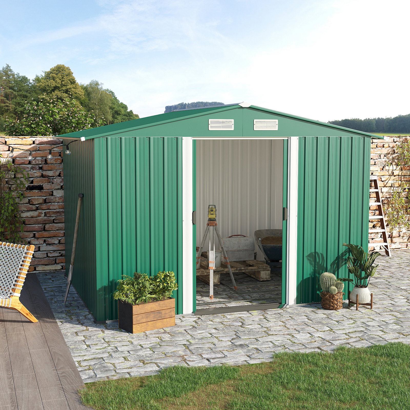 Abrigo de Jardim 258x206x178cm 5,3m² Abrigo de Aço Galvanizado com Portas de Correr e Ventilações para Armazenamento de Ferramen
