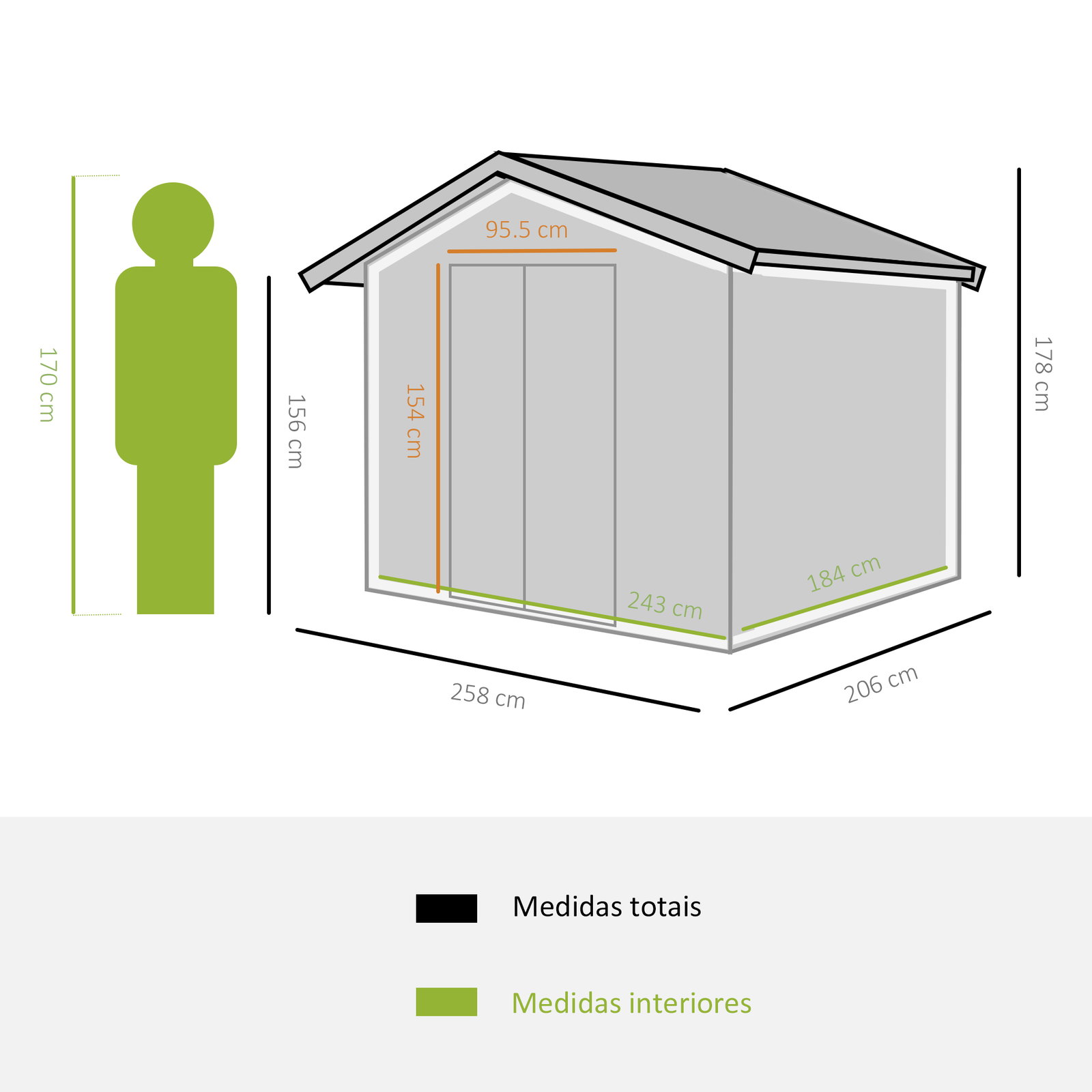 Abrigo de Jardim 258x206x178cm 5,3m² Abrigo de Aço Galvanizado com Portas de Correr e Ventilações para Armazenamento de Ferramen