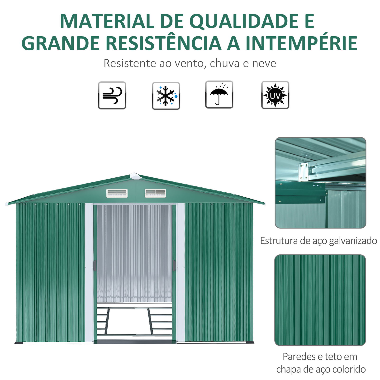Abrigo de Jardim 258x206x178cm 5,3m² Abrigo de Aço Galvanizado com Portas de Correr e Ventilações para Armazenamento de Ferramen