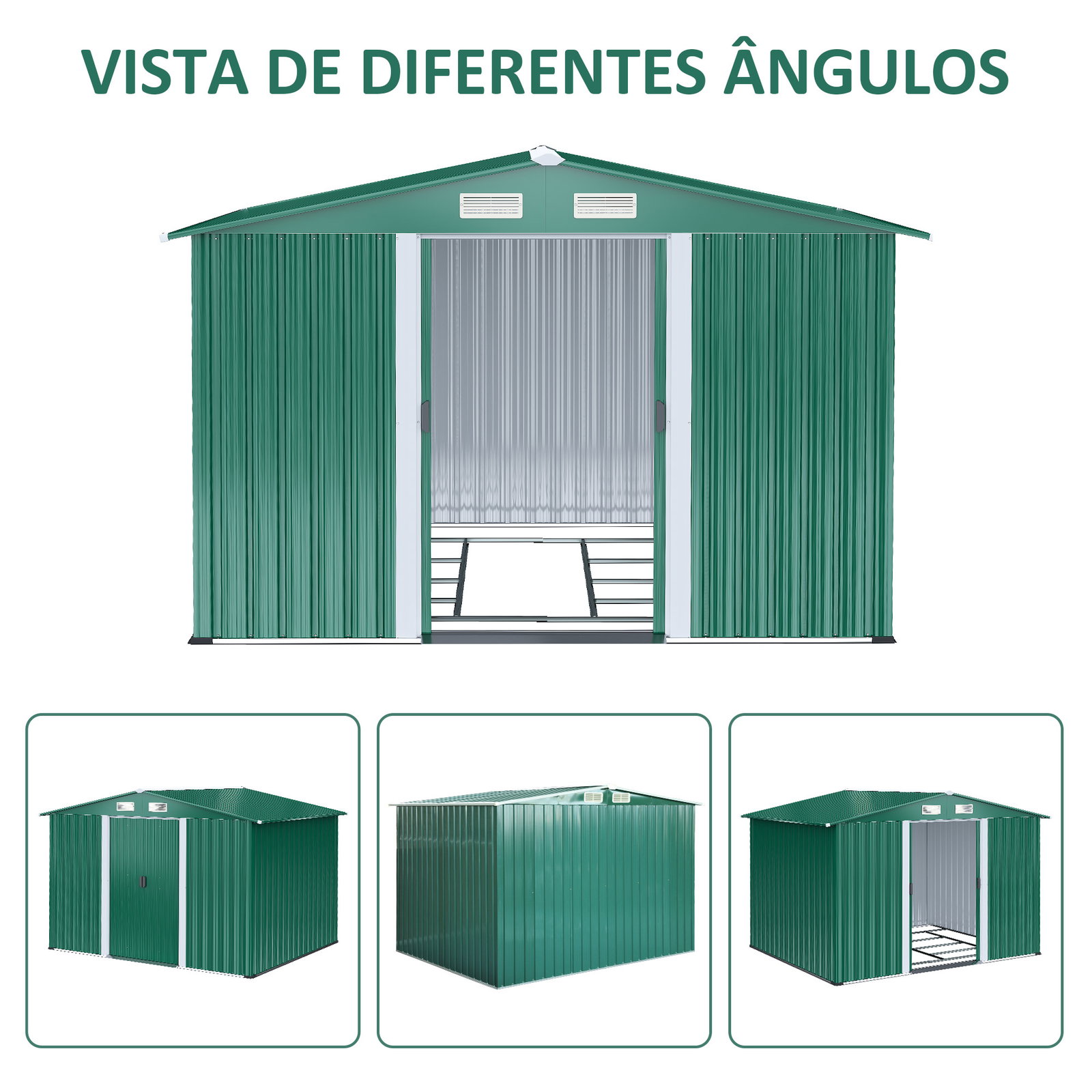 Abrigo de Jardim 258x206x178cm 5,3m² Abrigo de Aço Galvanizado com Portas de Correr e Ventilações para Armazenamento de Ferramen