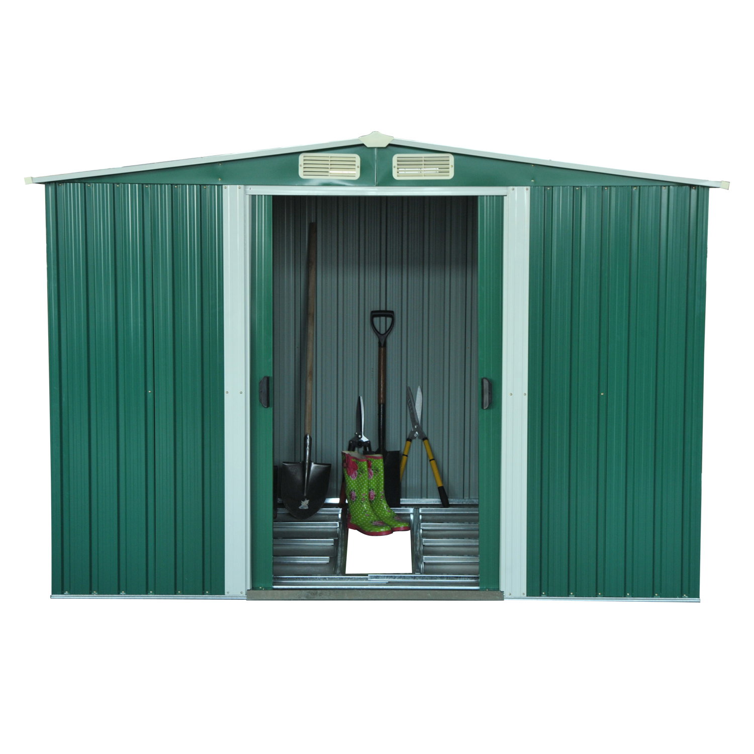 Abrigo de Jardim 258x206x178cm 5,3m² Abrigo de Aço Galvanizado com Portas de Correr e Ventilações para Armazenamento de Ferramen