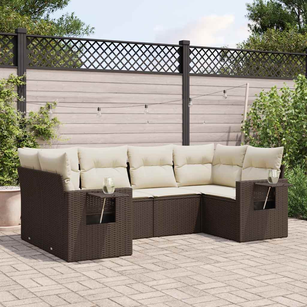 6 Pcs conjunto de sofás jardim c/ almofadões vime PE castanho