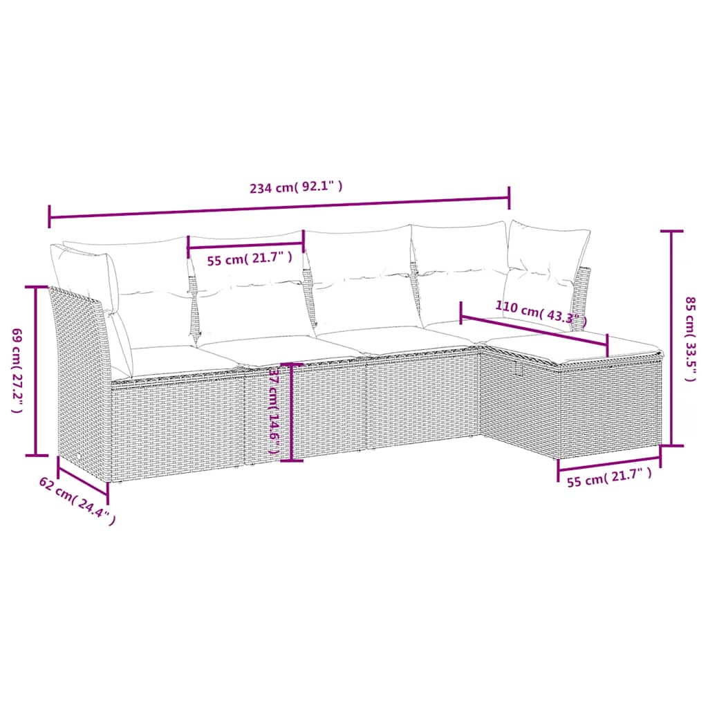 5 Pcs conjunto sofás de jardim com almofadões vime PE preto