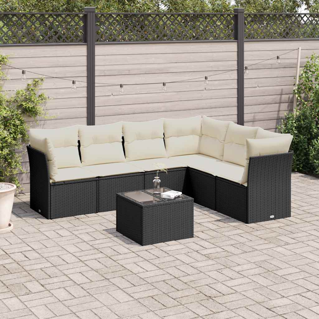 7 Pcs conjunto de sofás p/ jardim c/ almofadões vime PE preto