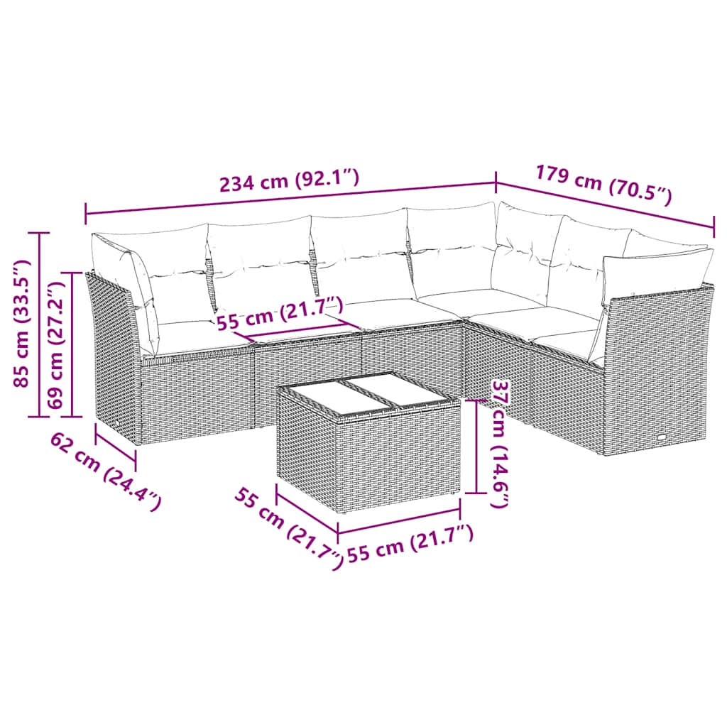7 Pcs conjunto de sofás p/ jardim c/ almofadões vime PE preto