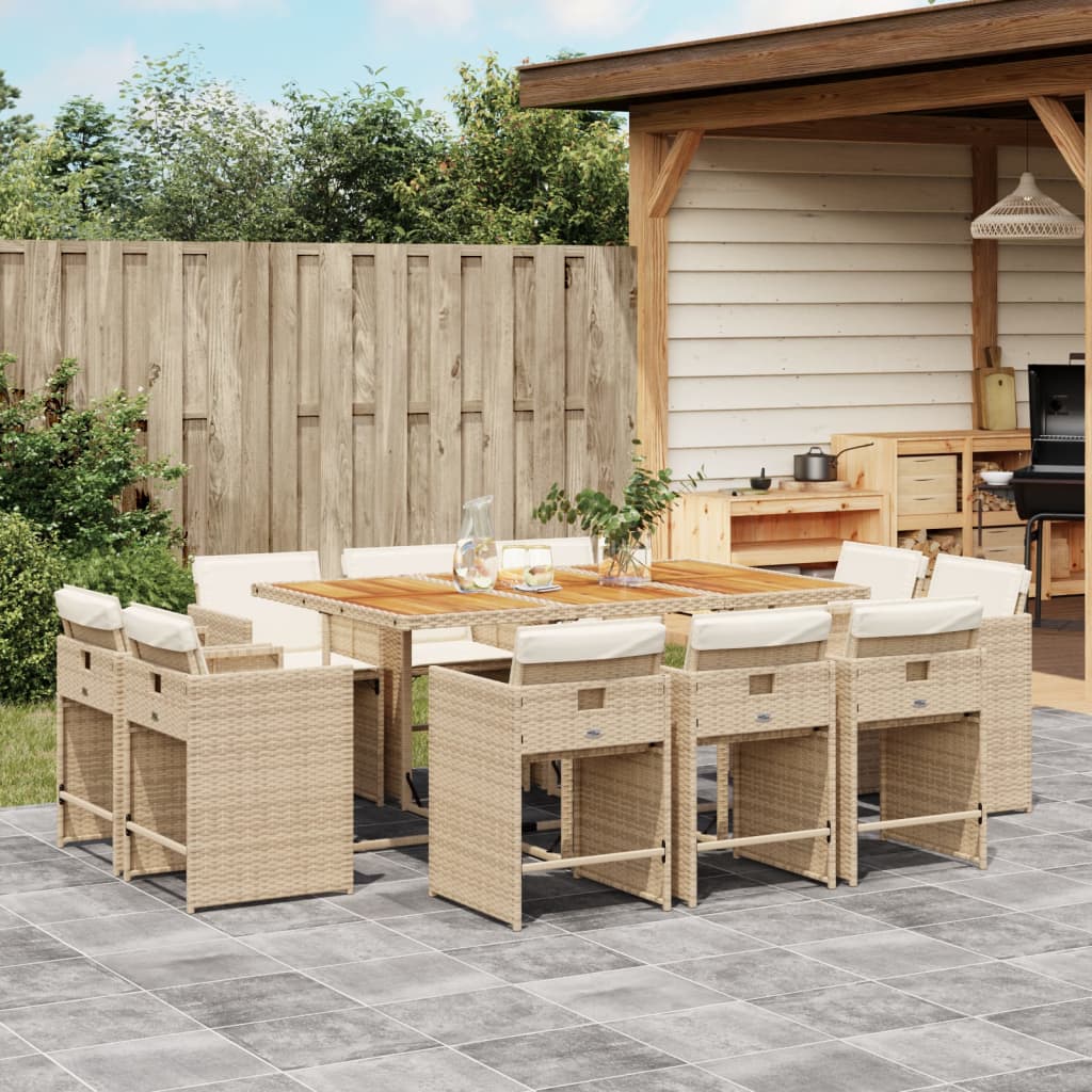 11 Pcs conjunto de jantar p/ jardim com almofadões vime PE bege