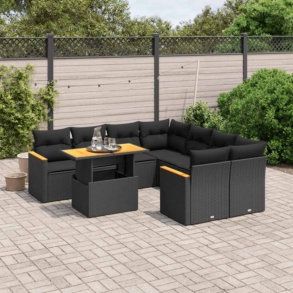 9 Pcs conjunto de sofás p/ jardim c/ almofadões vime PE preto