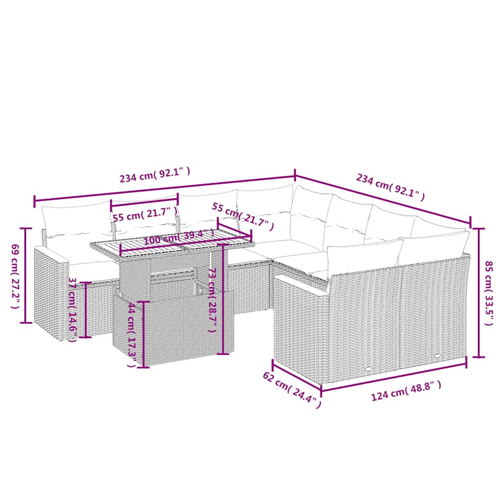 9 Pcs conjunto de sofás p/ jardim c/ almofadões vime PE preto