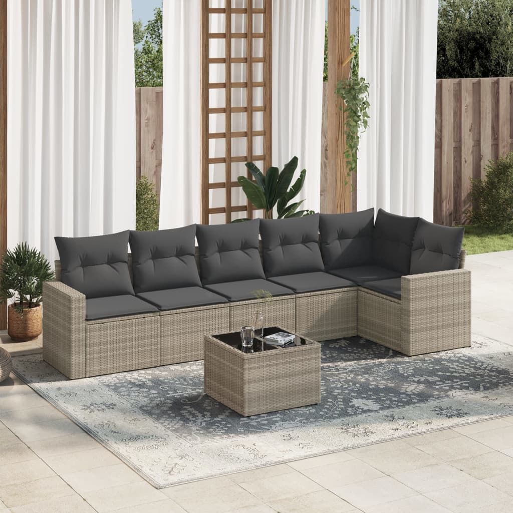 7 Pcs conj. sofás jardim com almofadões vime PE cinzento-claro