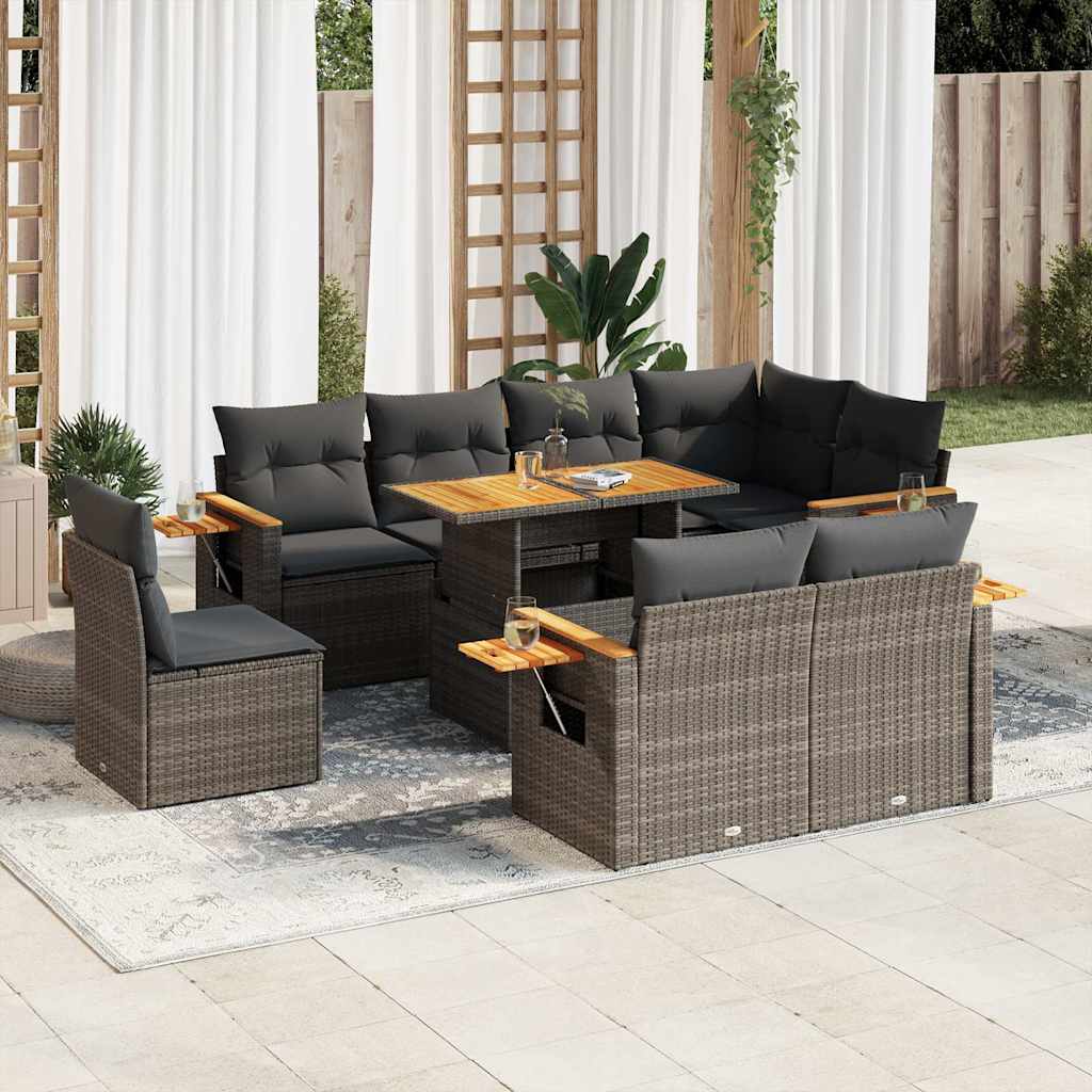 9 Pcs conjunto sofás jardim almofadões vime PE/acácia cinzento