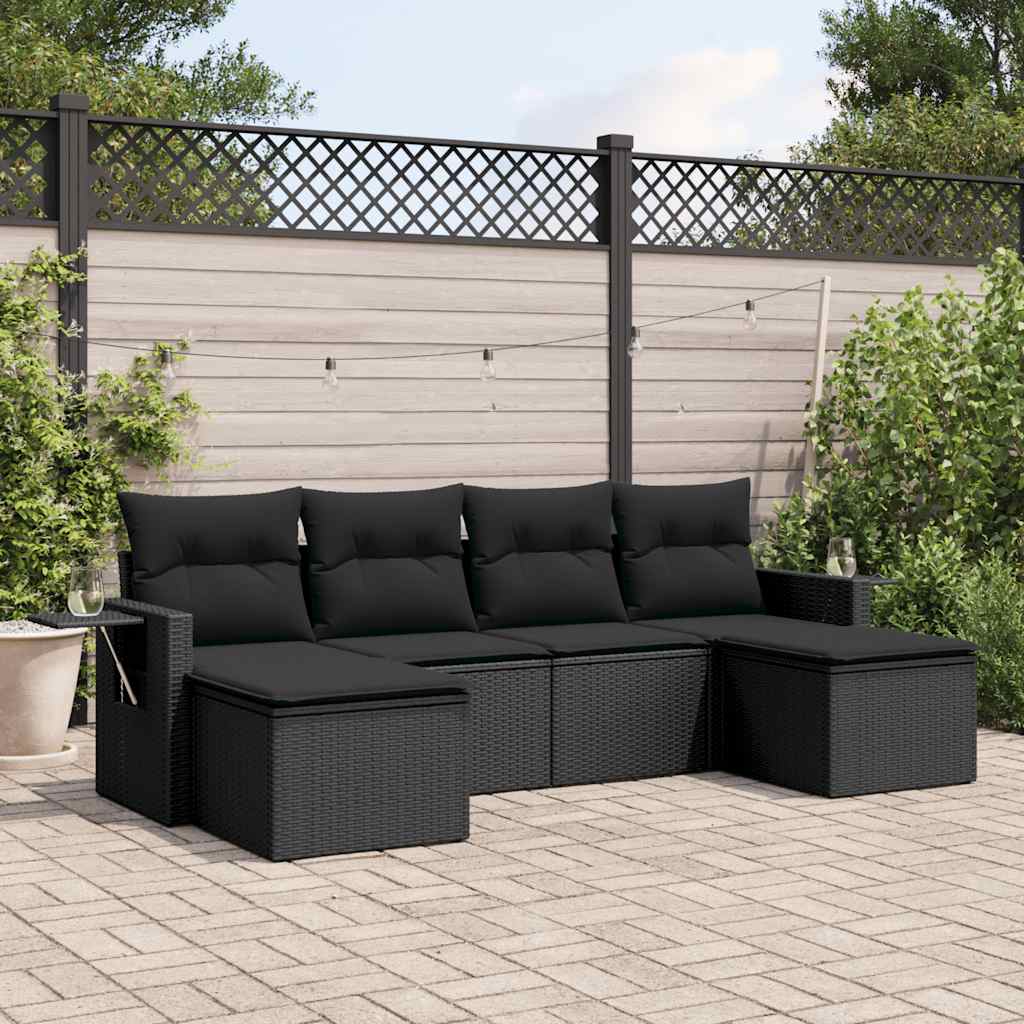 6 Pcs conjunto sofás de jardim c/ almofadões vime PE preto